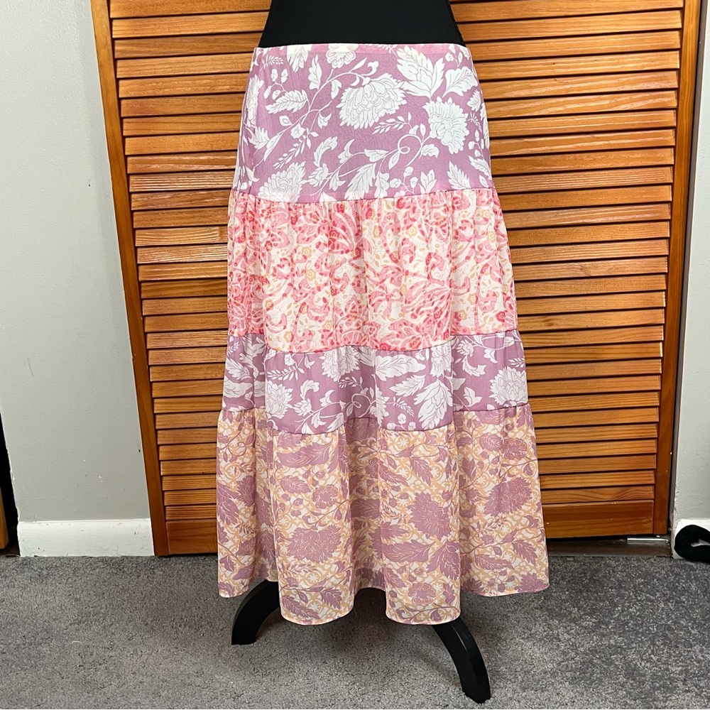 Axcess Pink and Lavender Pastel Floral Tiered Chiffon Midi Skirt